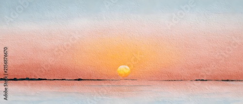 Minimalist Watercolor Sunset Over Calm Ocean with Soft Orange Sky