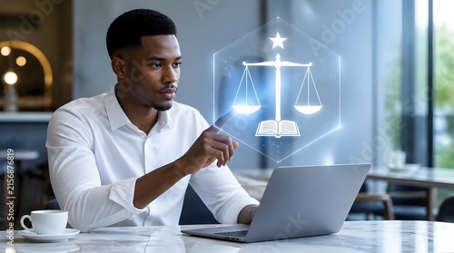 Law, lawyer and justice with hologram on laptop for legal research, court case and litigation advice. Professional, attorney and technology in office with digital scales, expert and advocate help