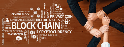 Фотография A creative representation of teamwork and collaboration in the blockchain and cryptocurrency space, featuring terms such as block chain, digital assets, and tokenization