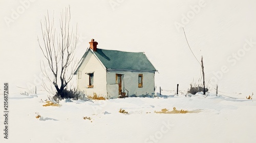 Minimalist Winter Landscape Watercolor Painting of a House and Trees