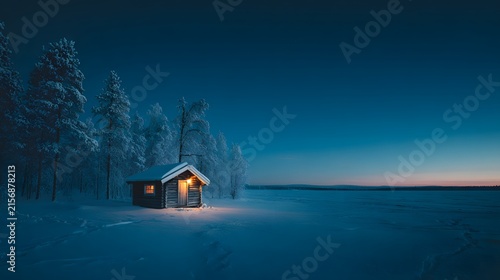 Cozy wooden cabin in a snowy winter landscape at sunset.