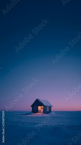 Cozy wooden cabin in a snowy winter landscape at sunset.
