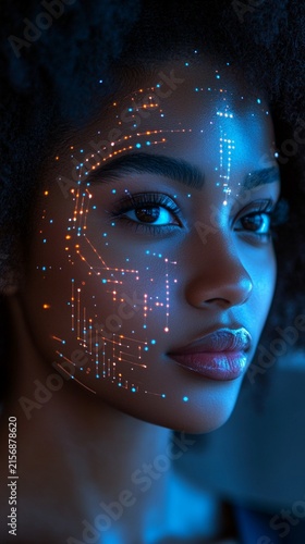 Artistic portrait with glowing digital pattern overlay on face illuminated by blue light, creating futuristic cyberpunk aesthetic with dots and lines forming technology grid