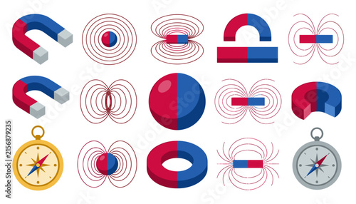 Принти на полотні Magnetic Field and Magnet Icon Set with Horseshoe Bar Ring Shapes and Navigation