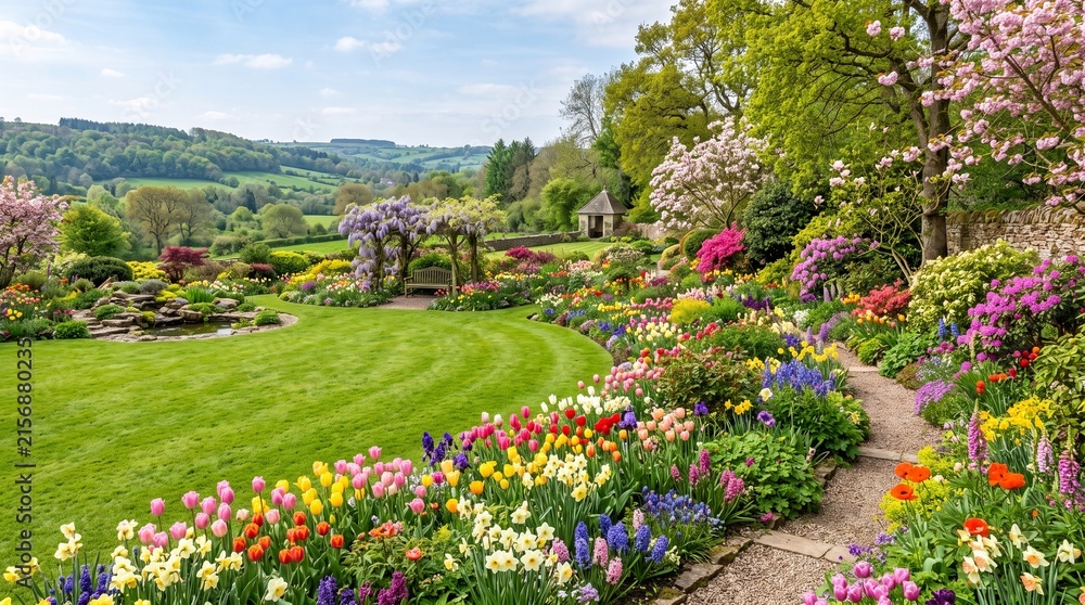 Obraz premium country garden with colorful flowers and green lawn