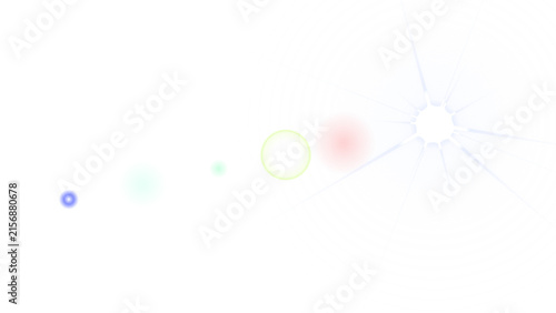 White concentric circular pattern featuring a bright lens flare and floating colorful circles