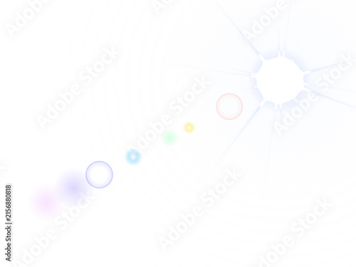 White concentric circular pattern with bright star flare and colorful floating geometric lens orbs