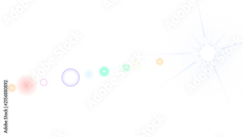 White sun with concentric rings and a trail of colorful spheres and circles on black space