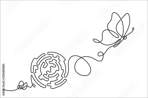 Single continuous line art of tangled thread turning into labyrinth with a butterfly flying out, liberation and transformation concept, hand drawn illustration