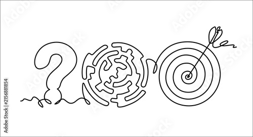 Single continuous line art of question mark transforming into labyrinth and then into dartboard with arrow, problem solving concept, hand drawn illustration