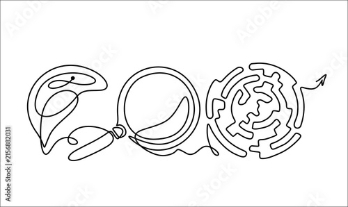 Single continuous line art of brain profile turning into magnifying glass and then labyrinth with exit arrow, introspection concept, hand drawn illustration