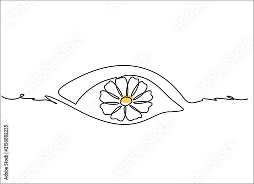 Single continuous line art of an eye with a chamomile flower as a pupil, pure perception and nature concept, hand drawn illustration