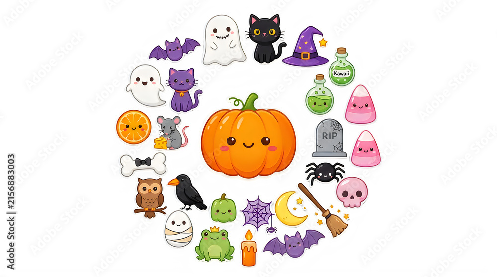 Fototapeta premium Cute cartoon Halloween icons collection, adorable smiling pumpkin, ghost, cat, witch hat, bat, spider, mummy, frog, owl, candy, vector illustration set for design isolated PNG with Transparent