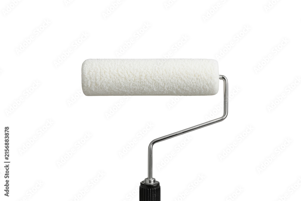 Fototapeta premium Compact white paint roller with bent metal support and dark handle