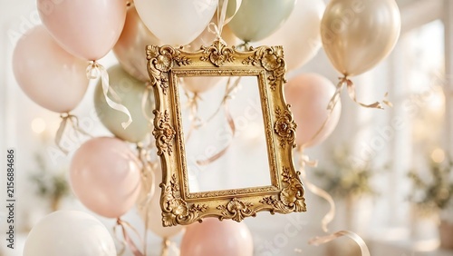 Empty decorative ornate gold picture frame hanging from a floating large cluster of pastel balloons in the air, in brightly room