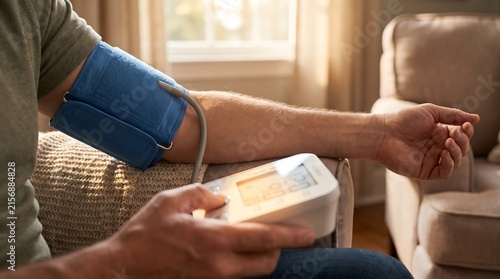 Man checking blood pressure at home using a digital monitor for health monitoring.