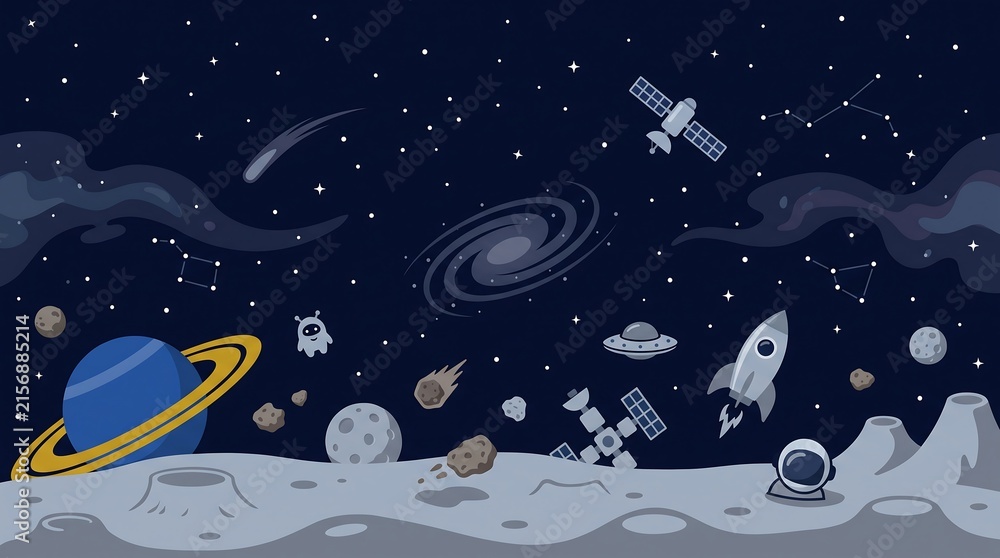 Naklejka premium Pixel art space landscape with astronaut rocket and planets in deep galaxy background