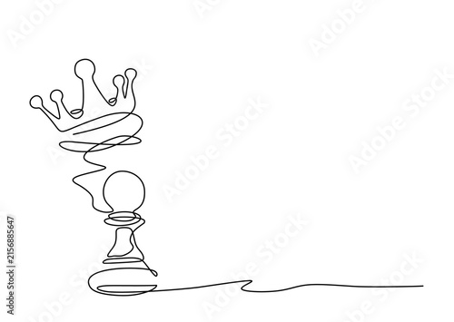 Single continuous line art of a chess pawn transforming into a crown, ambition and leadership metaphor, hand drawn illustration