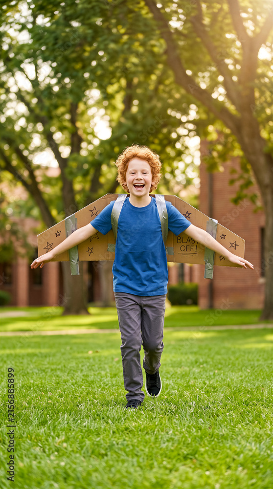 Fototapeta premium Boy wearing cardboard wings running on grass laughing. Outdoor play, childhood imagination, education, summer activities.