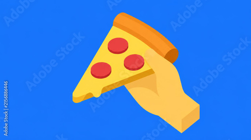 Isometric hand holding single slice of pepperoni pizza illustration