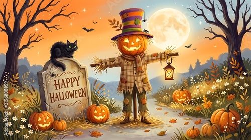 Spooky halloween scene with scarecrow tombstone pumpkins and a full moon