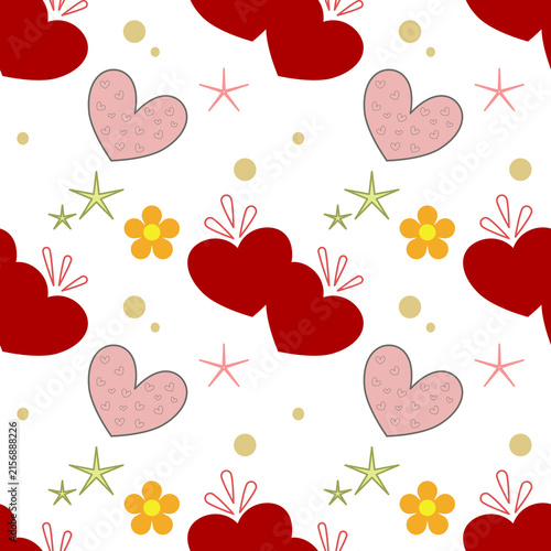 Cute Red and Pink Hearts Seamless Pattern with Flowers and Stars Background