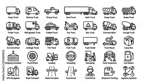 Truck Outline Icons Linear Editable Stroke Vector Collection