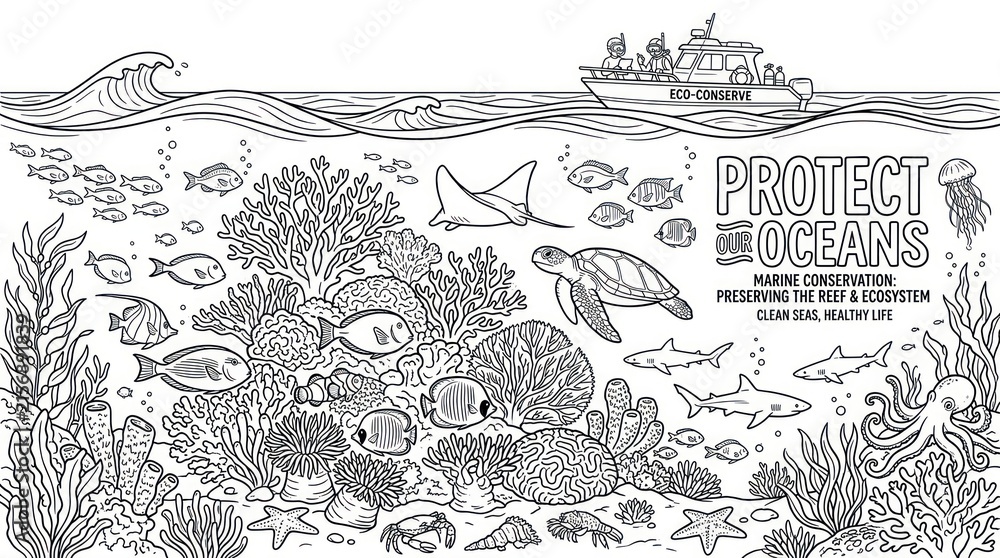 Obraz premium Modern Black and White of Marine Conservation Protect Our Oceans with Coral Reefs Sea Creatures and Eco Conservation Boat