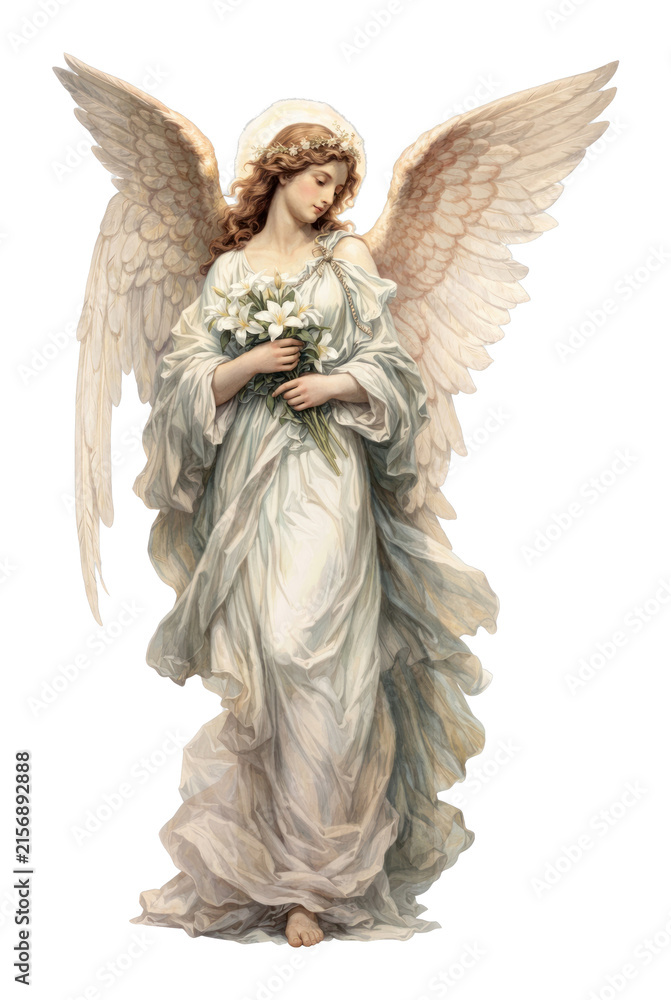 Fototapeta premium PNG Serene angel holding white flowers.
