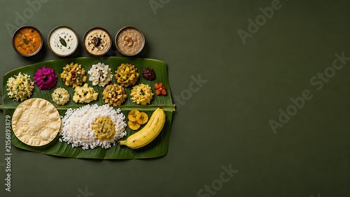 Authentic colorful sadhya meal spread on banana leaf with green background for happy onam an incredibly delicious south indian festival in kerala