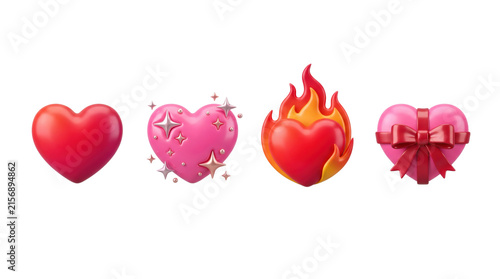 Quadro su tela Glossy romantic heart emojis and burning love icons