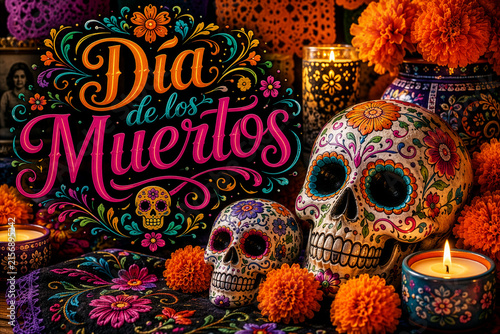 Festive Dia De Los Muertos Banner With Sugar Skulls And Marigolds