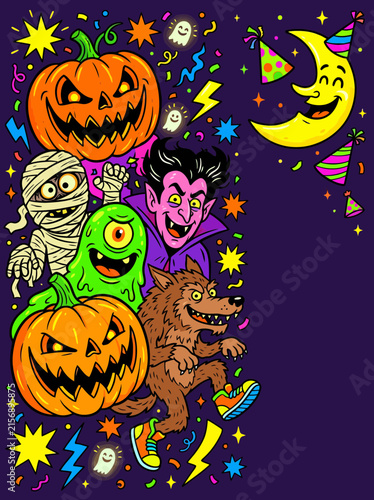 Spooky Halloween characters with pumpkins and moon illustration for festive decor
