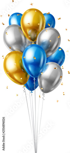 Bunch of shiny blue, gold, and silver balloons with ribbons and confetti floating around them. Celebration and party concept.