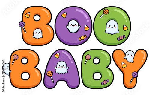 Boo Baby Halloween text design with cute ghosts and candy on a white background