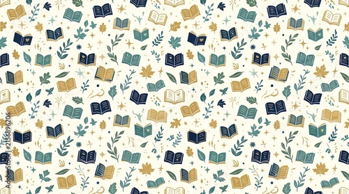 Cozy repeating pattern of open books and autumn leaves.