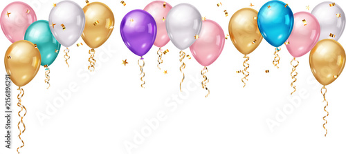 Balloons in various colors, including pink, purple, gold, blue, and white, are scattered across the top of the image, surrounded by gold confetti and ribbons, creating a festive atmosphere.