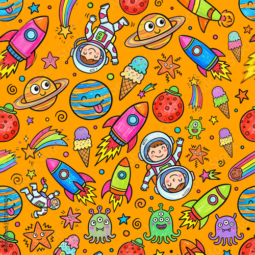 Vibrant space exploration pattern with astronauts and ice cream on bright orange background