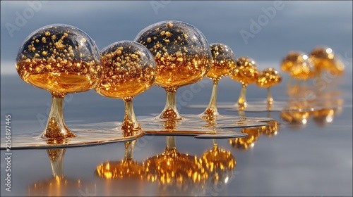 Surreal landscape featuring amber-like trees growing from a reflective surface with a blurry sky
