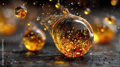 Macro shot of amber-hued, spherical, fluid-filled bubbles, some bursting, against a dark background