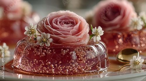 Close-up of floral-topped jelly desserts with gold spoon on white plate, elegant presentation