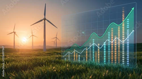 Floating holographic stock market graph over rural wind farm landscape during golden hour. Concept of renewable energy sector economic growth and sustainable financial forecasting.