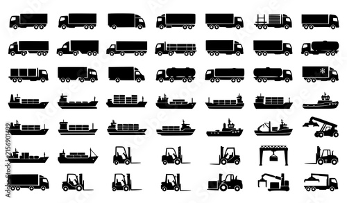 Black Logistics Transportation Trucks Cargo Ships Forklift Silhouette Set