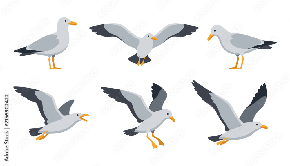 Obraz premium Seagull Bird Character Icon Set with Flying and Standing Marine Gulls for Ocean Coastline, Beach Summer Vacation, and Coastal Wildlife Vector Designs