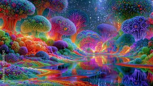 Wide panoramic psychedelic landscape with infinitely blooming geometric fractals, electric neon colors and a surreal abstract dreamlike atmosphere.