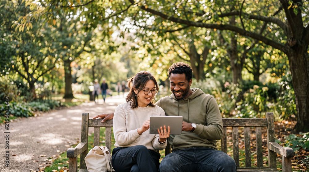 Fototapeta premium Couple using tablet computer on park bench in autumn sunlight