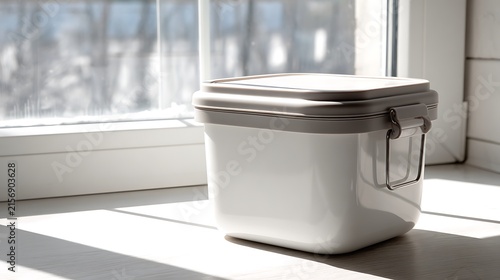Coffee Maker on a Kitchen Table with Clean Modern Design, White Plastic Container, Water Storage and Cup for Fresh Homemade Coffee Preparation