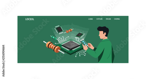 Tech landing page banner featuring man managing microchips and electronics via smartphone.