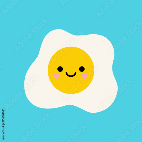 Cute smiling kawaii fried egg illustration with yellow yolk isolated on blue background.