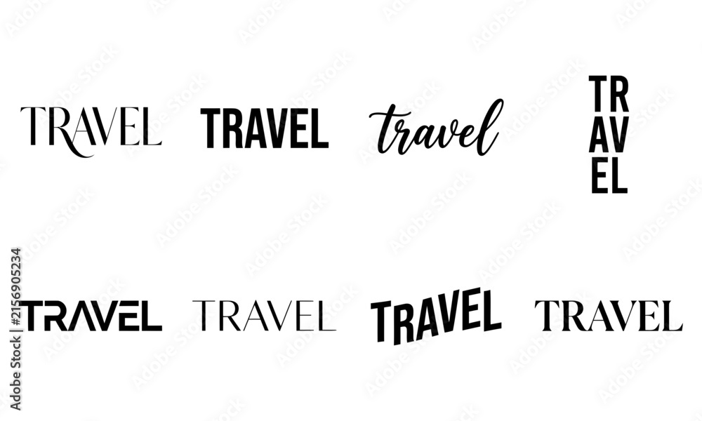 Fototapeta premium Set of various travel word typography designs, creative lettering styles for travel agency, tourism, vacation, and adventure concepts